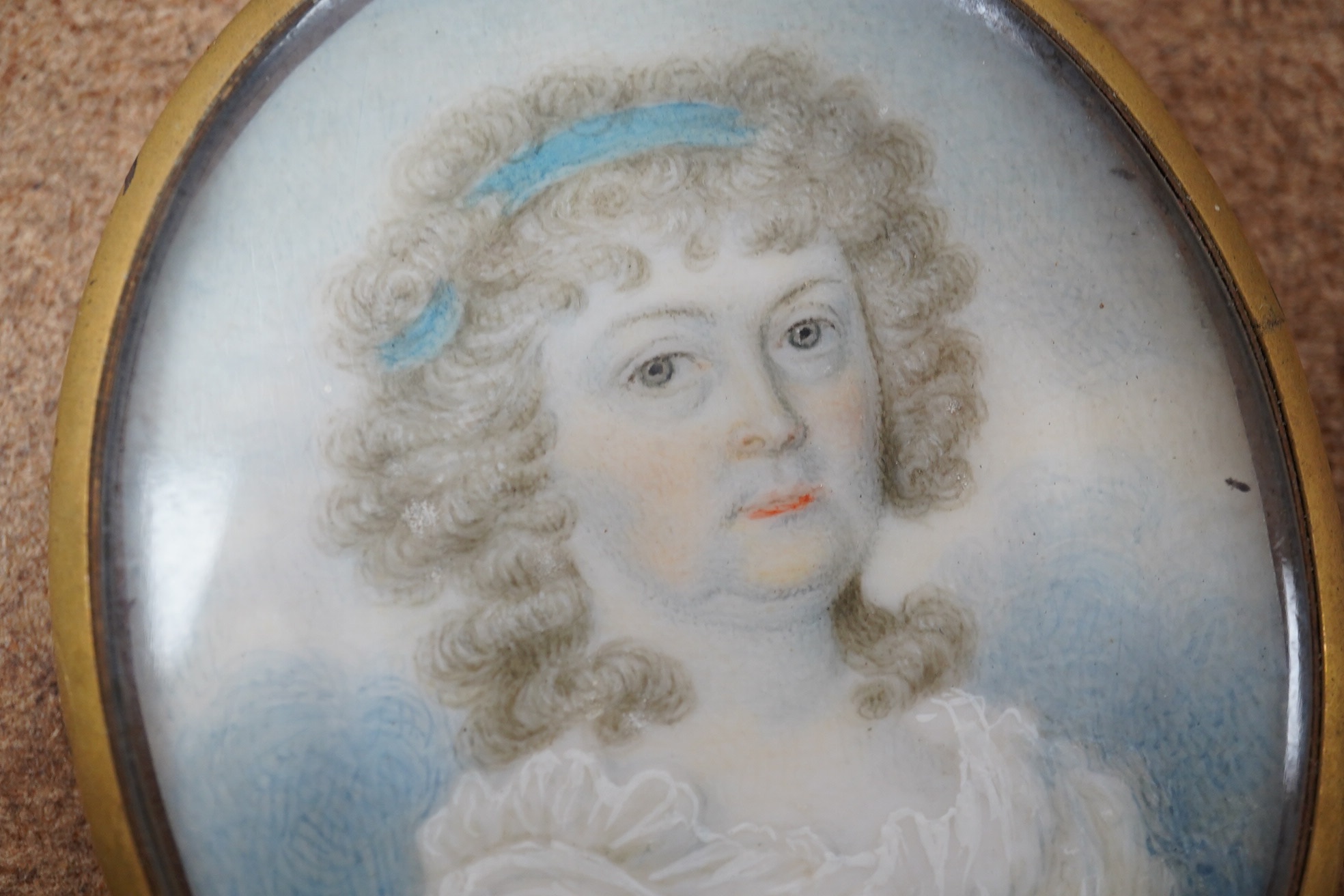 A. Trevinnard RA, (ex: 1797-1806), oil on ivory, Portrait miniature of a Regency lady, indistinctly inscribed in ink verso, Sutton Coldfield, Worcestershire, 6 x 4.5cm. CITES Submission reference BDWUCM9U. Condition - fa